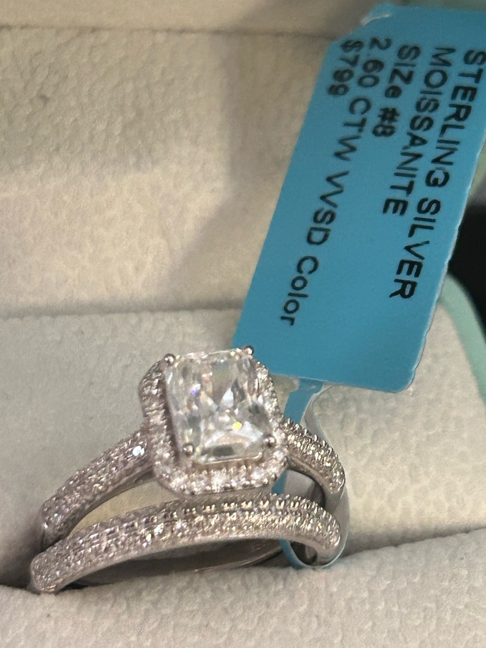 Sterling Silver Moissanite Diamond Halo Engagement Ring SET of two rings size 8